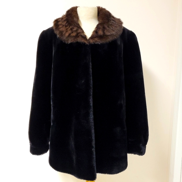 Vintage Black Fur Coat Contrast Brown Collar - Picture 1 of 10